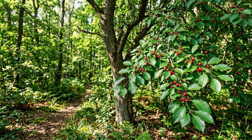 Bourdaine en forêt paisible Arbre à fruits rouges