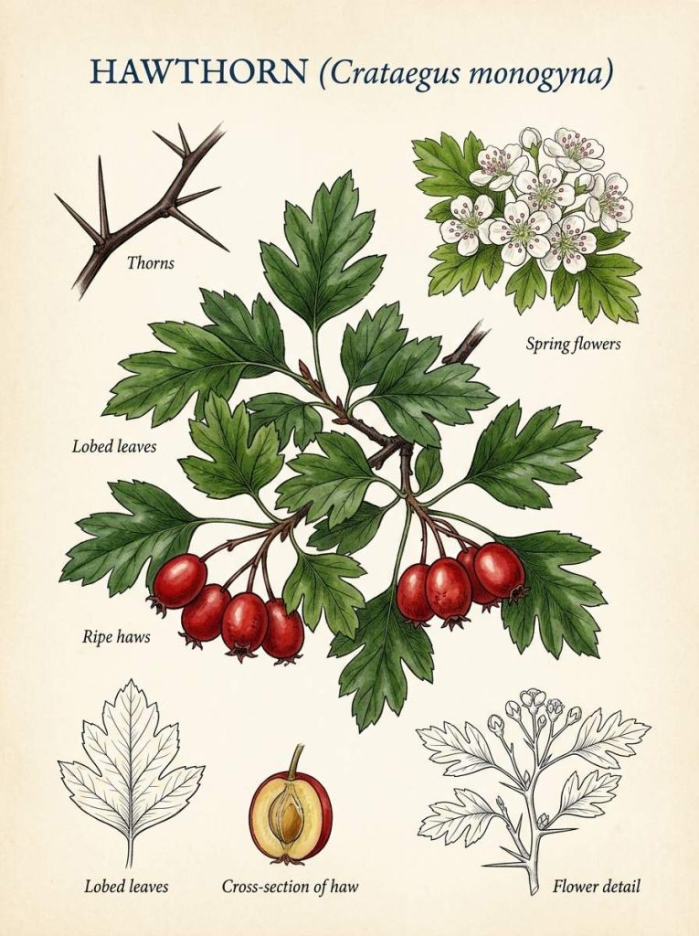 Gros plan sur les baies rouges de l'aubépine, brillantes de rosée matinale, en arrière-plan flou de verdure.