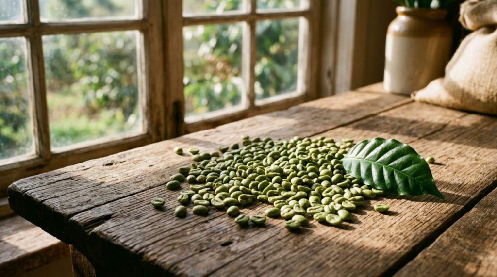 Grains de café vert sur table