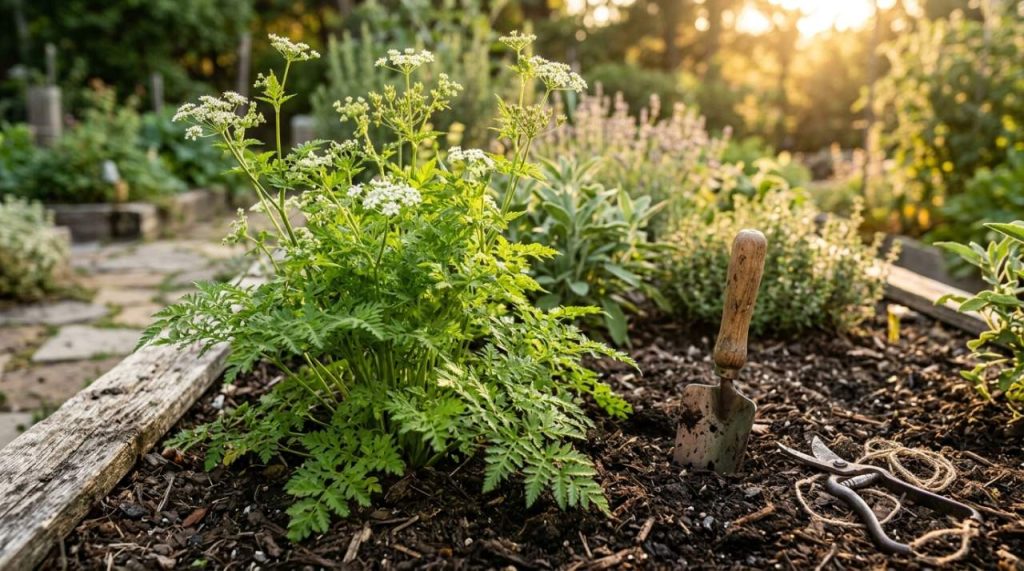 Cerfeuil musqué dans un jardin d'herbes Cerfeuil musqué dans le potager