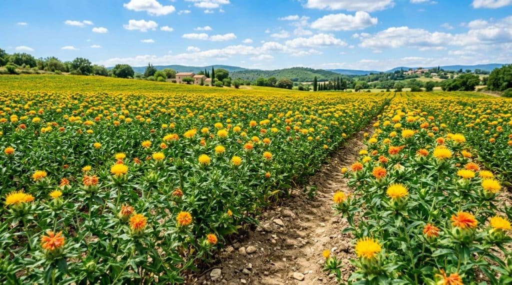 Champs de carthame en fleurs