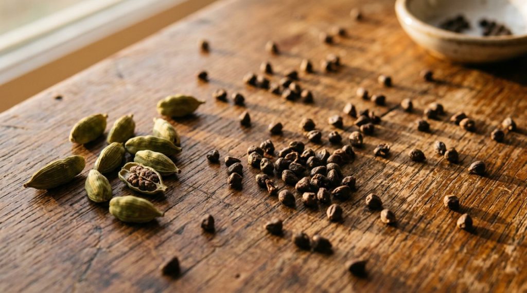 Graines de cardamome sur bois Graines de cardamome sur surface