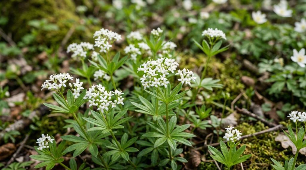 Fleurs d'aspérule odorante en gros plan