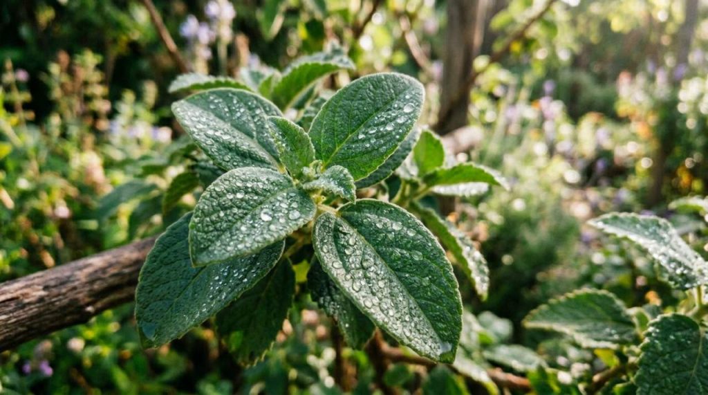 Gros plan sur les feuilles de boldo Feuilles de boldo avec rosée