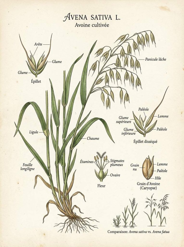 Une illustration botanique d'Avena sativa présentant ses caractéristiques telles que les feuilles longues et fines et les épis de fleurs, avec des termes en français.