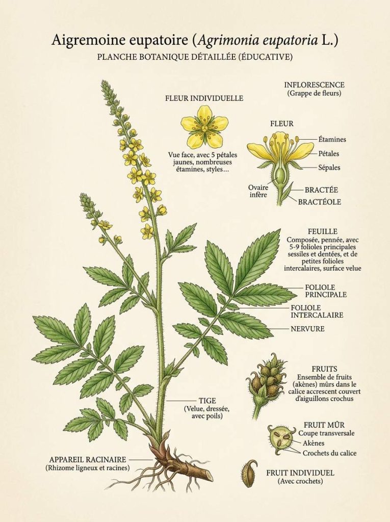 Illustration botanique d'aigremoine eupatoire Aigremoine eupatoire en illustration