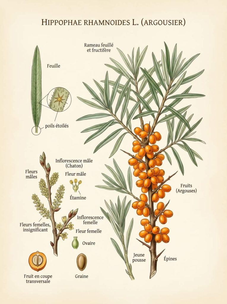 Illustration botanique de l'argousier Argousier Hippophae rhamnoides en détail