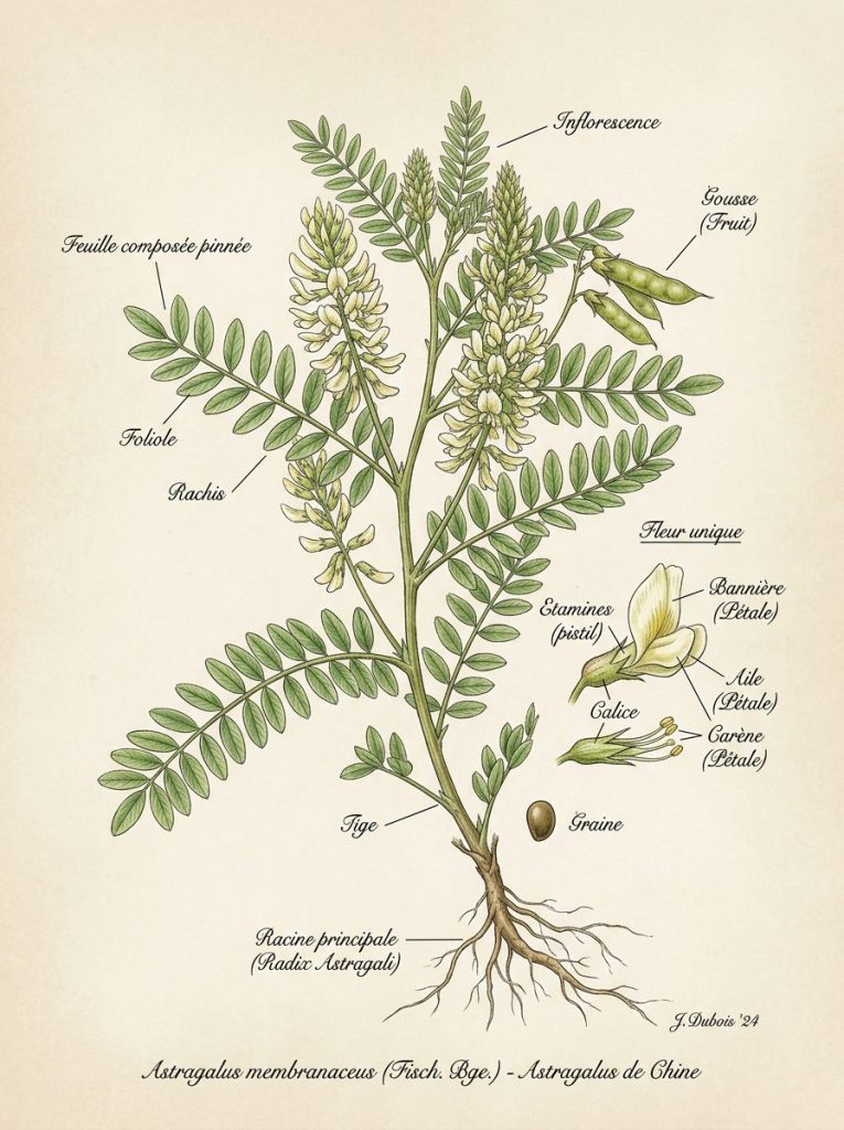 Illustration botanique de l'astragale de Chine Astragale de Chine en illustration botanique
