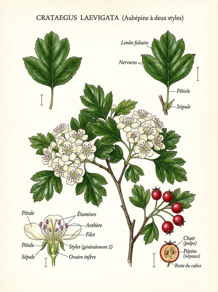 Aubépine avec détails botaniques
