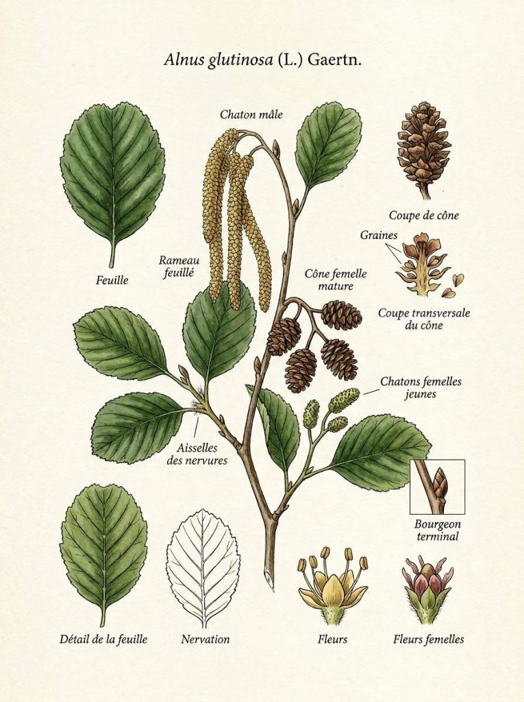 Illustration botanique de l'aulne Illustration aulne glutineux