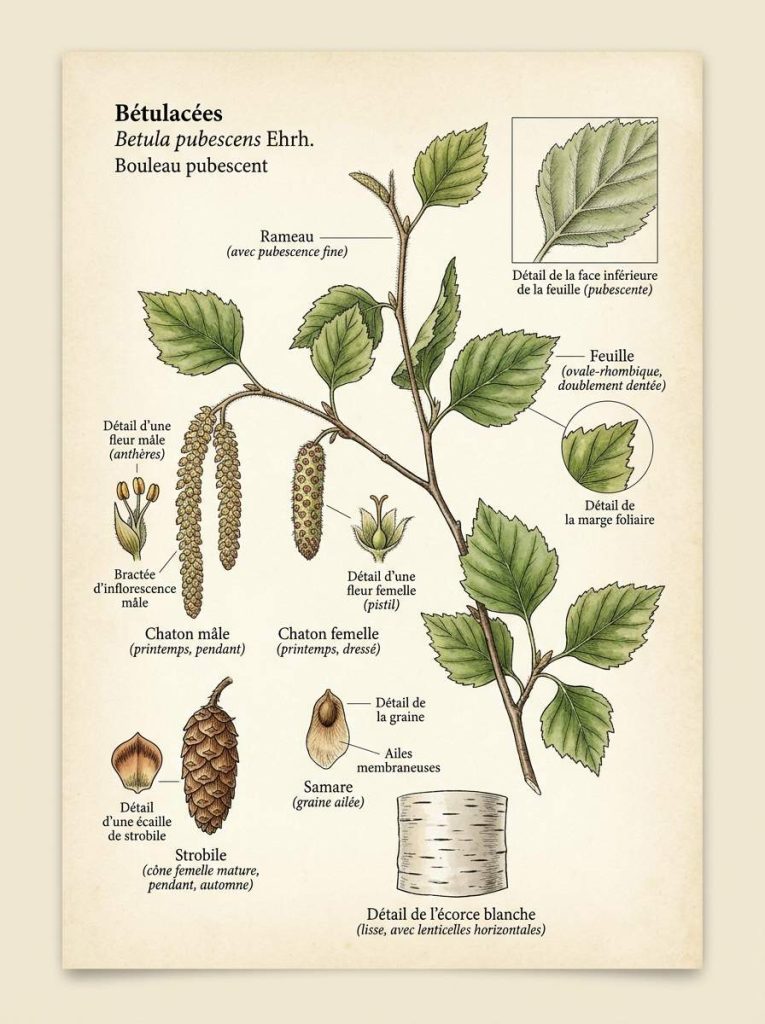 Illustration botanique du bouleau Bouleau pubescent illustration botanique