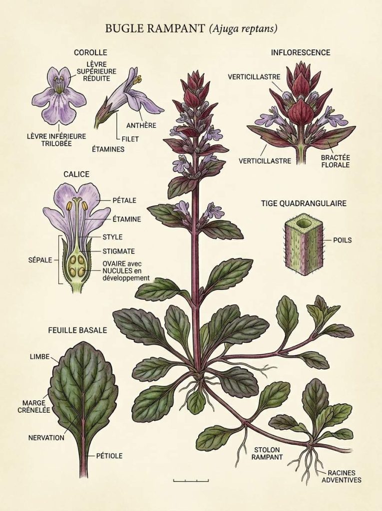 Illustration botanique de la bugle rampante Bugle rampante