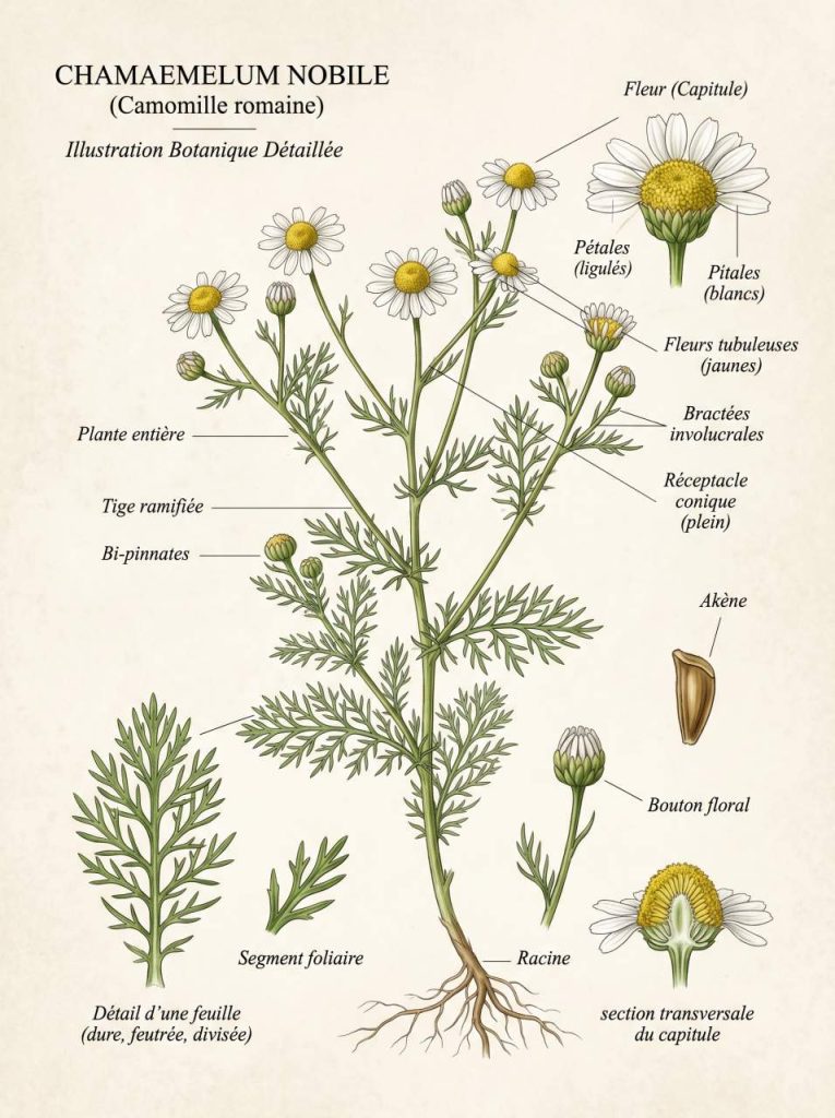 Illustration botanique de la camomille Illustration botanique camomille romaine