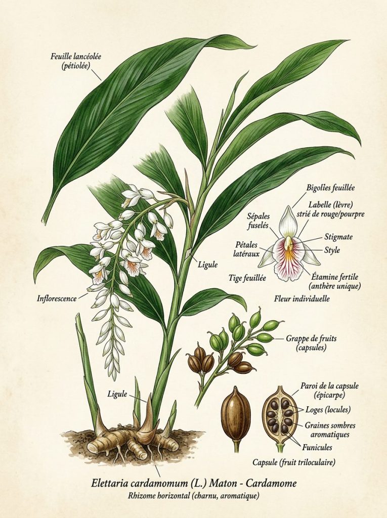 Illustration botanique d'Elettaria cardamomum Elettaria cardamomum