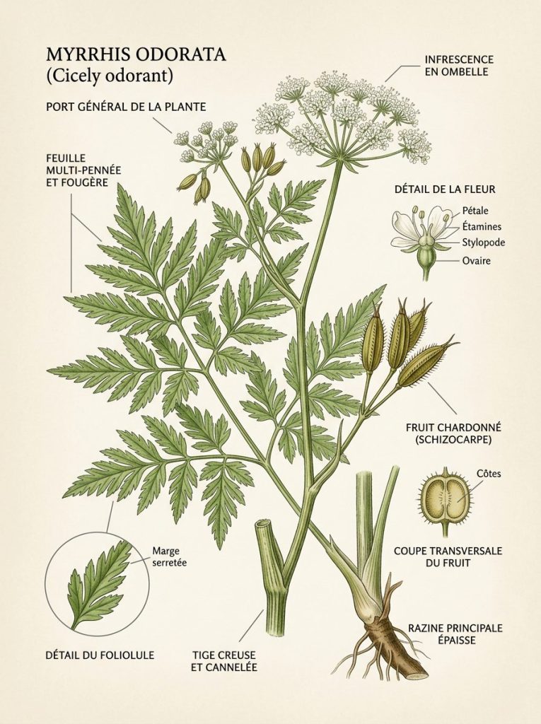 Illustration botanique du cerfeuil Illustration du cerfeuil musqué