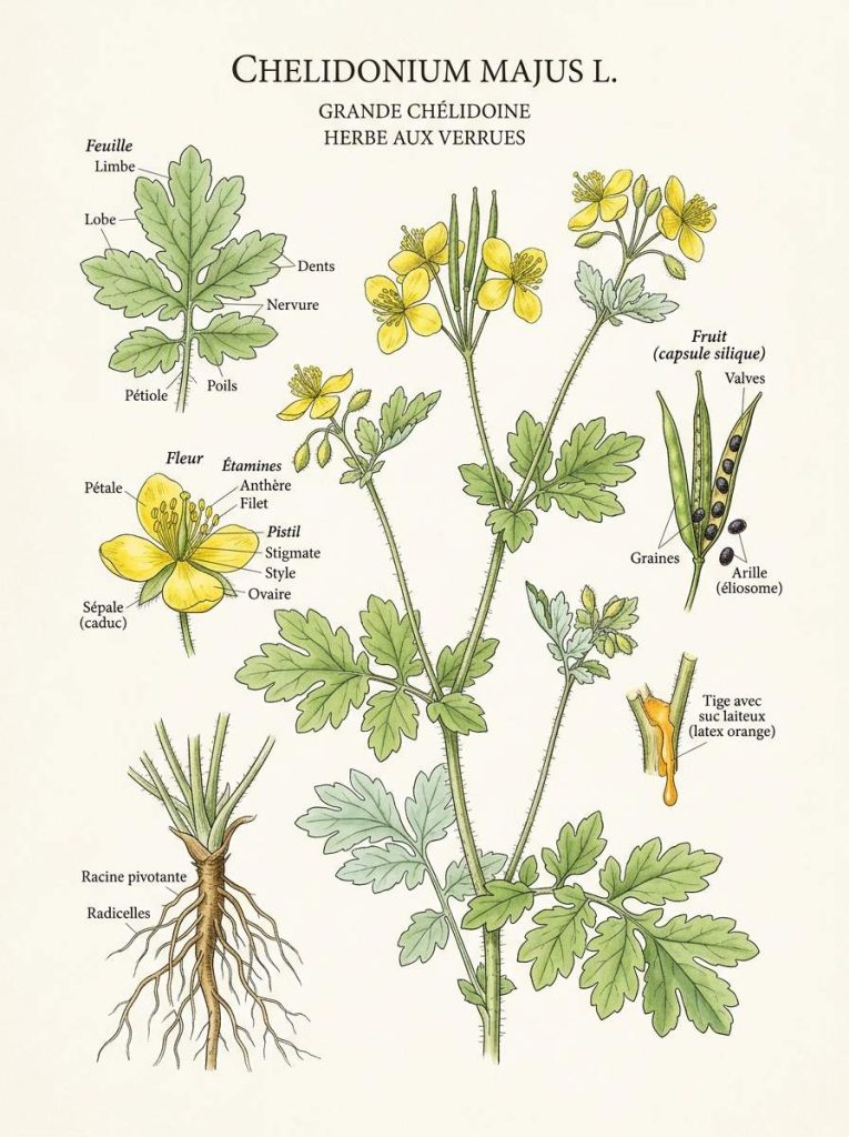 Illustration botanique de chélidoine Chélidoine