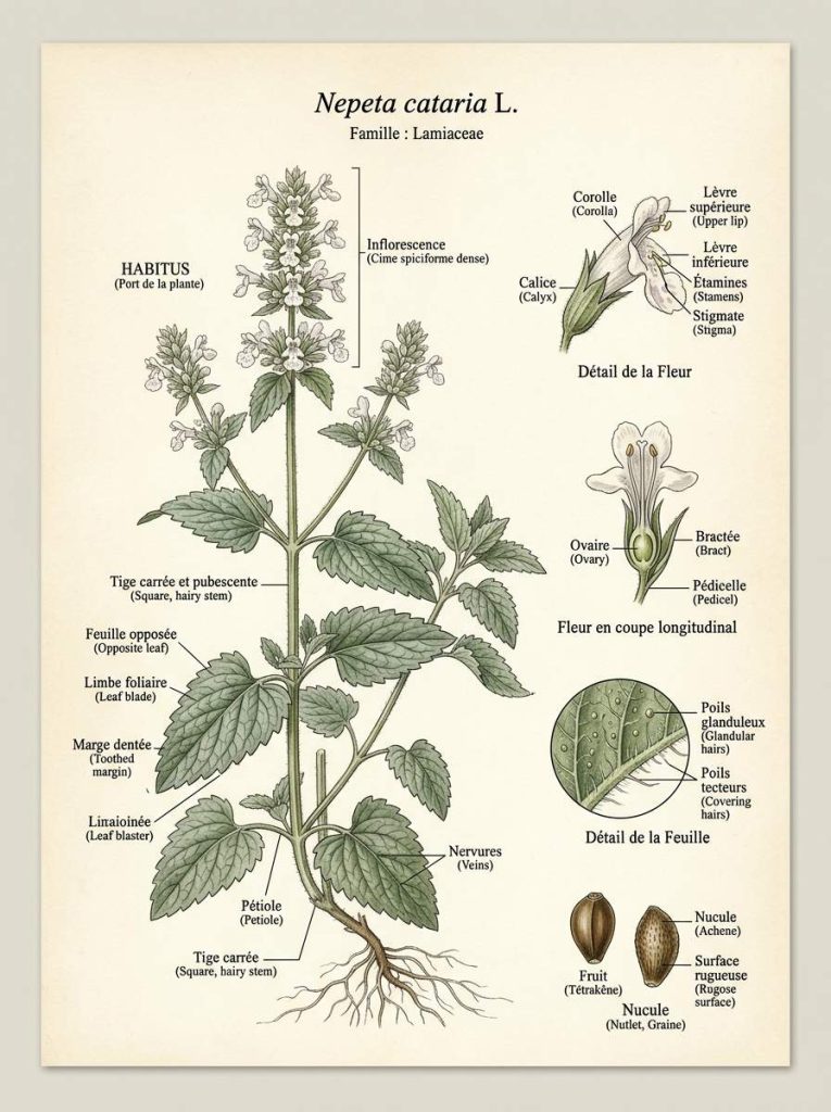 Illustration botanique de la cataire Détails de la cataire botanique