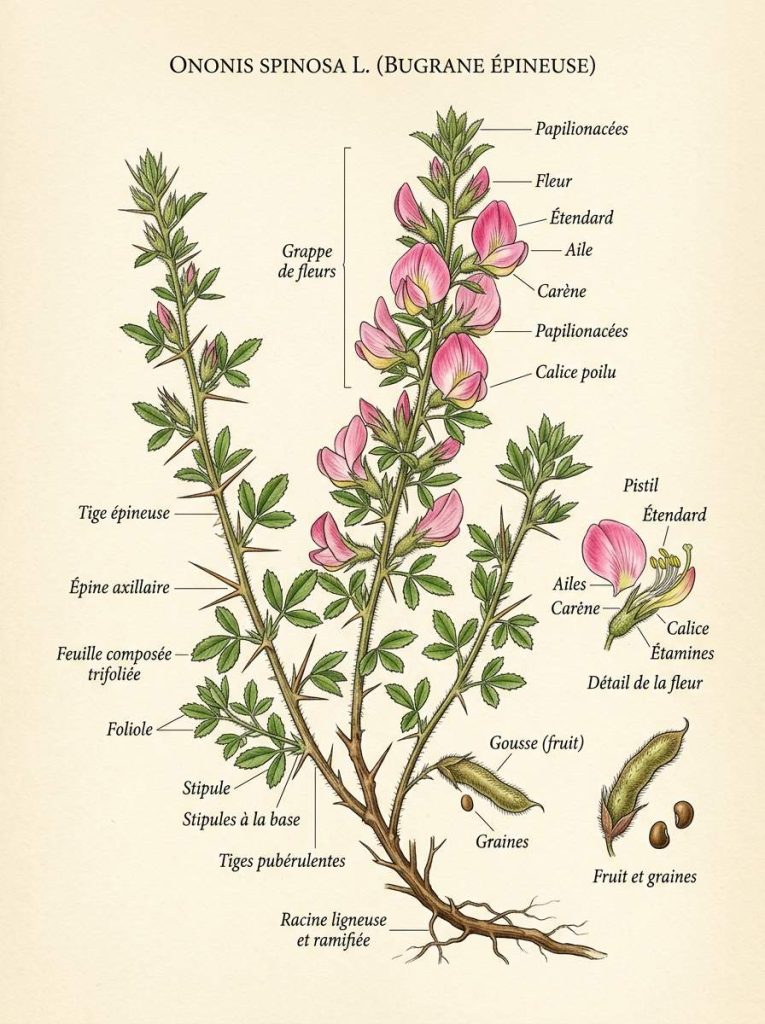 Illustration botanique Ononis spinosa Détails de la fleur Ononis spinosa