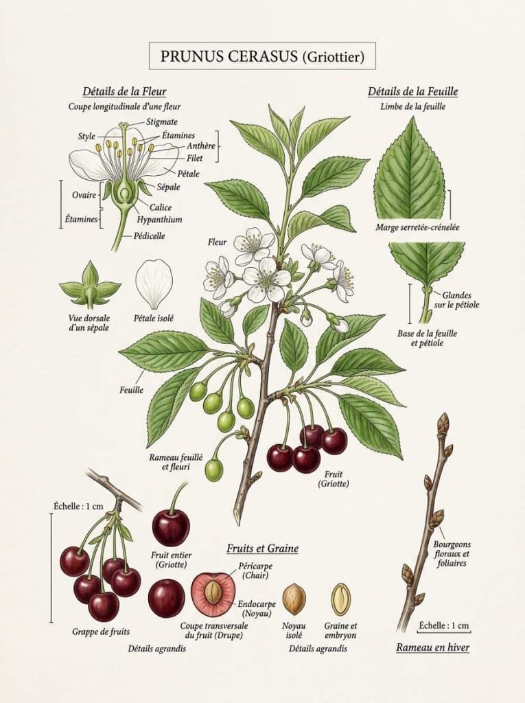 Illustration botanique du prunus cerasus Détails botaniques de prunus cerasus