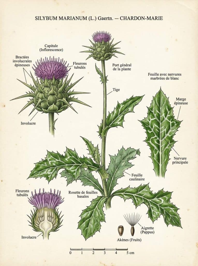 Illustration botanique de Silybum Illustration botanique Silybum