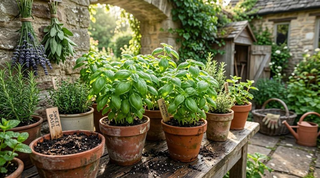 Vue d'un petit jardin d'herbes avec des plants de basilic en pots 