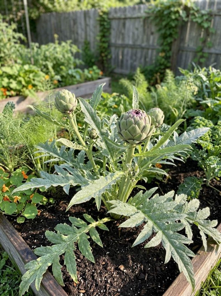 Vue d'une plante d'artichaut fraîche dans un jardin ensoleillé, entourée de feuilles vertes vibrantes et de rosée du matin.