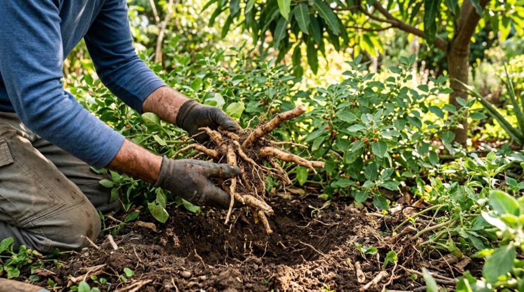 Racines d'ashwagandha en récolte