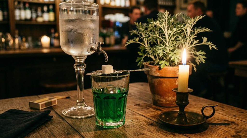 Verre d'absinthe sur table en bois Verre d'absinthe sur table