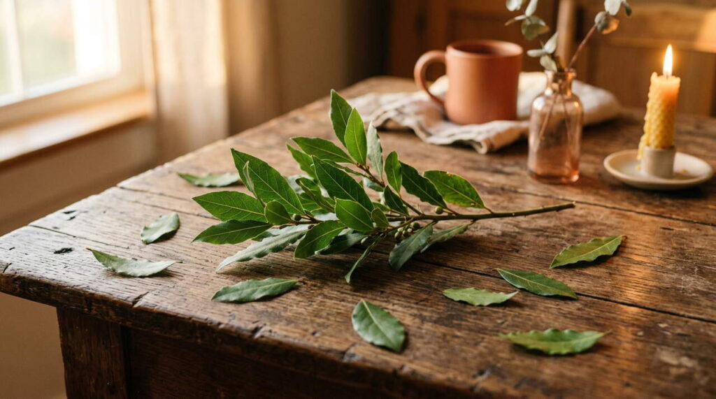 Branche de laurier sur table rustique Branche de laurier sur table