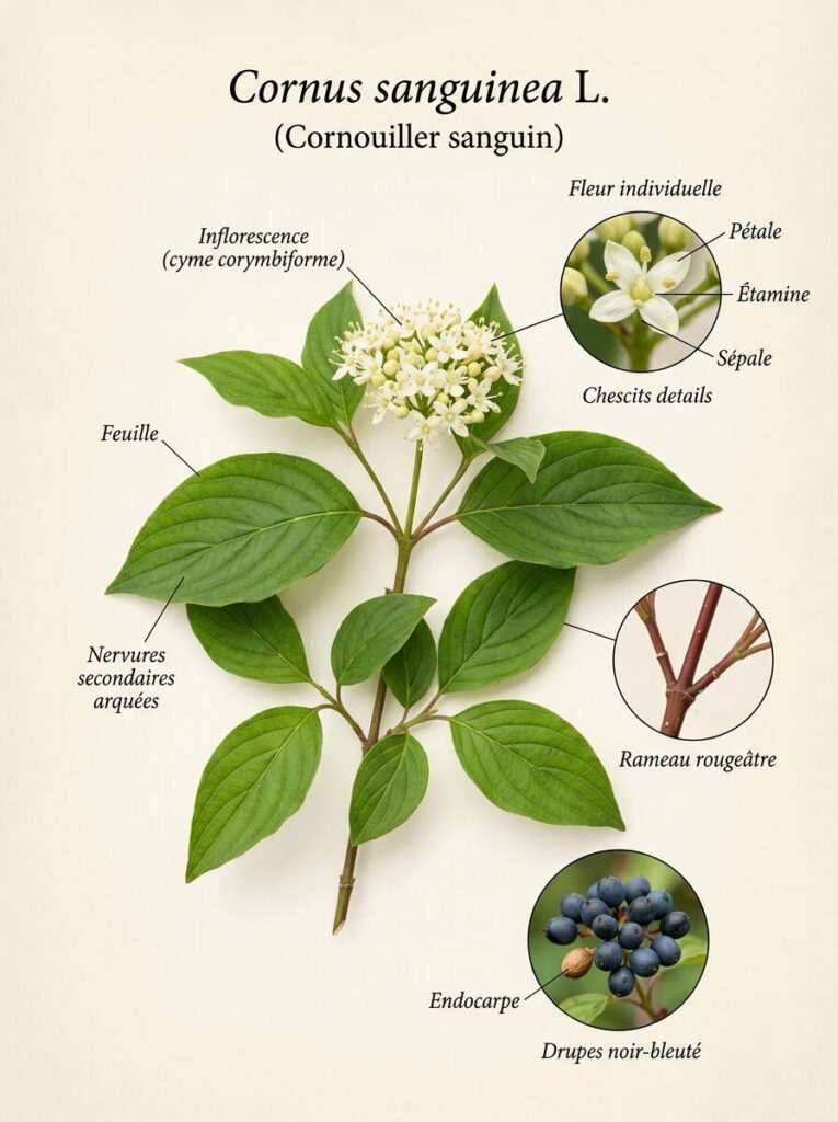 Detailed botanical illustration cornus sanguinea showcasing