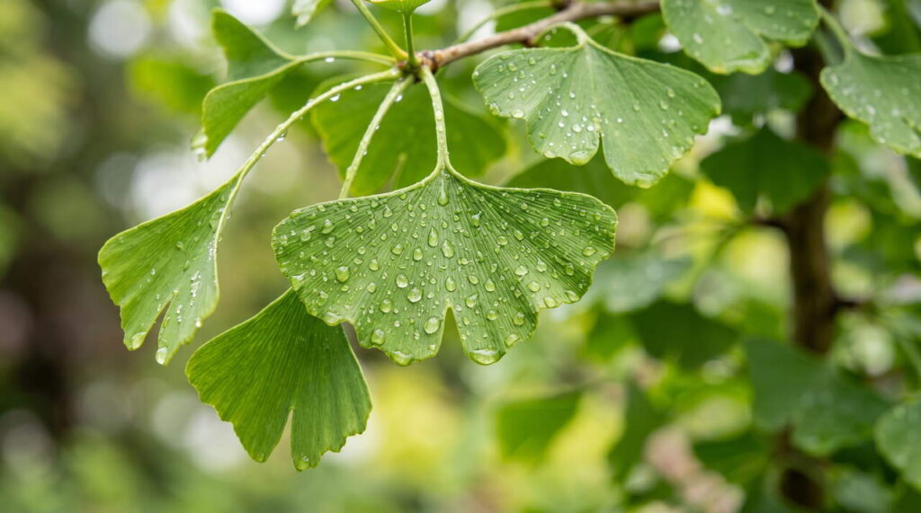 Ginkgo avec gouttes de pluie