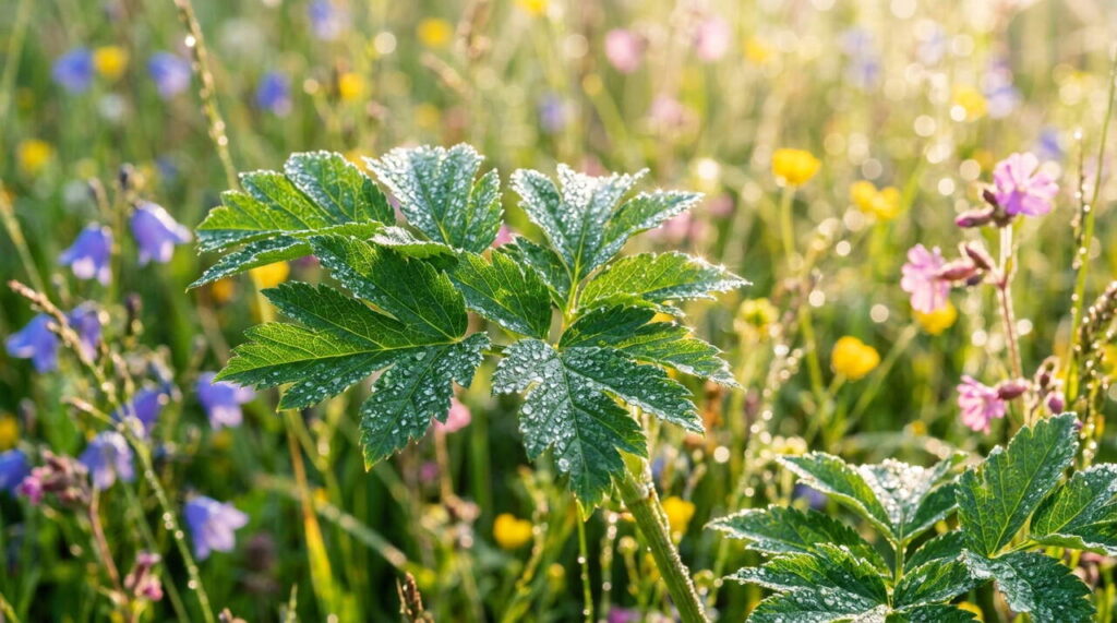 Feuilles d'impératoire avec rosée