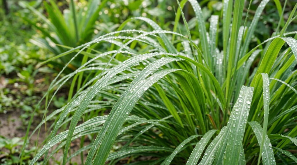 Gouttes d'eau sur une citronnelle Plante de citronnelle en gros plan