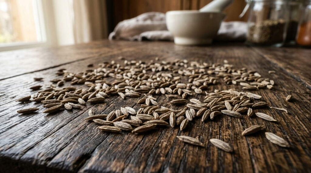 Graines de cumin sur table en bois Graines de cumin sur table