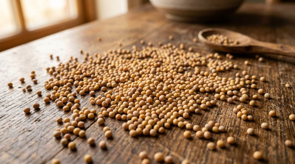 Graines de moutarde sur table
