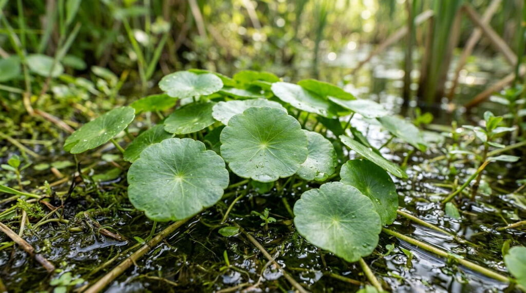 Gros plan sur les feuilles d'hydrocotyle Feuilles d'hydrocotyle en gros plan