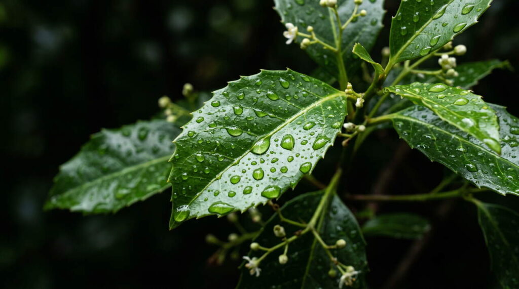 Gros plan d'Ilex paraguariensis avec gouttes d'eau Gros plan Ilex paraguariensis gouttes d'eau