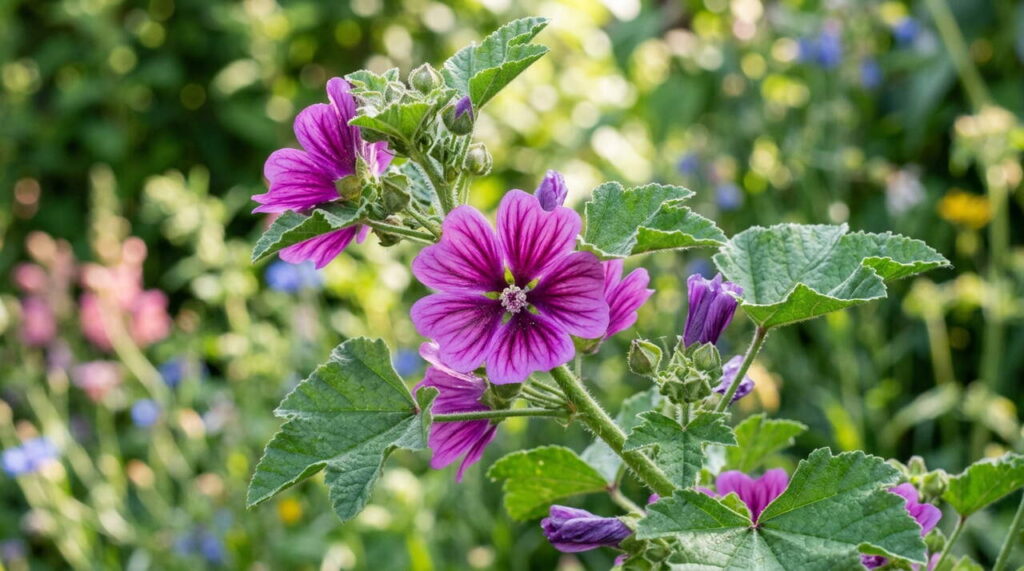 Gros plan de Malva sylvestris Fleur de Malva sylvestris