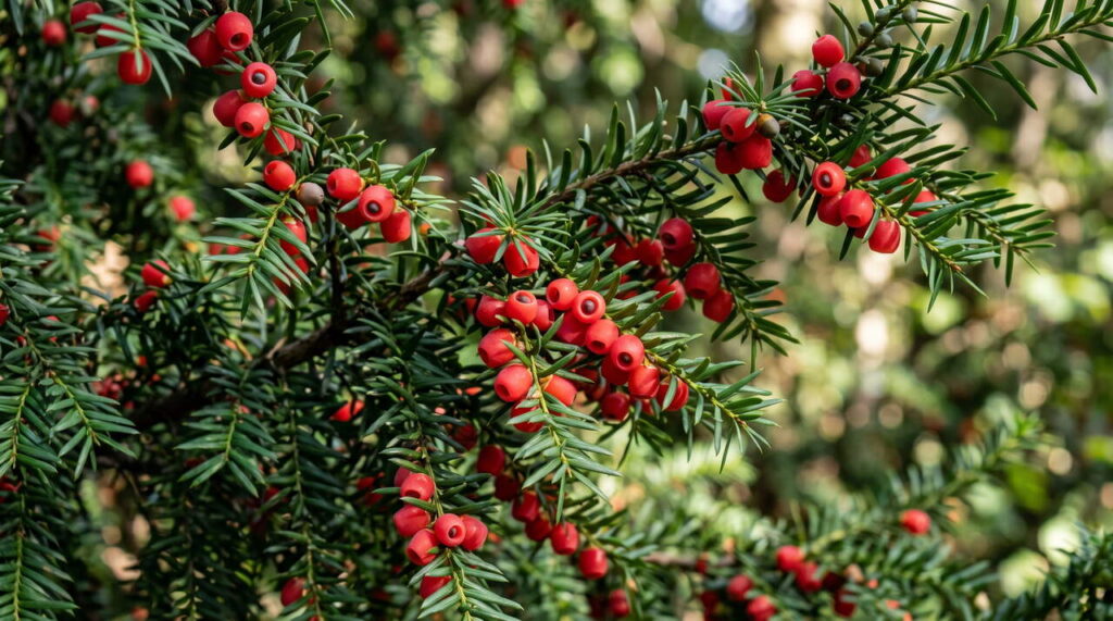 Gros plan sur les fruits de taxus baccata Fruits de taxus baccata en gros plan