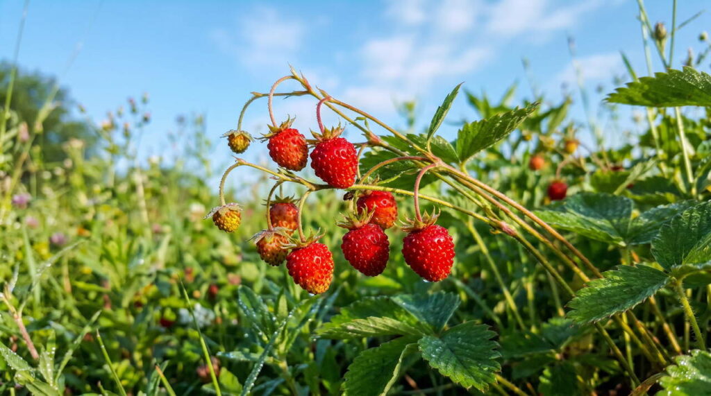 Fraisier sauvage avec rosée