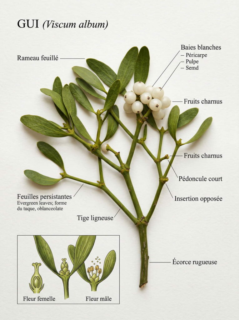 Detailed botanical illustration viscum album displaying