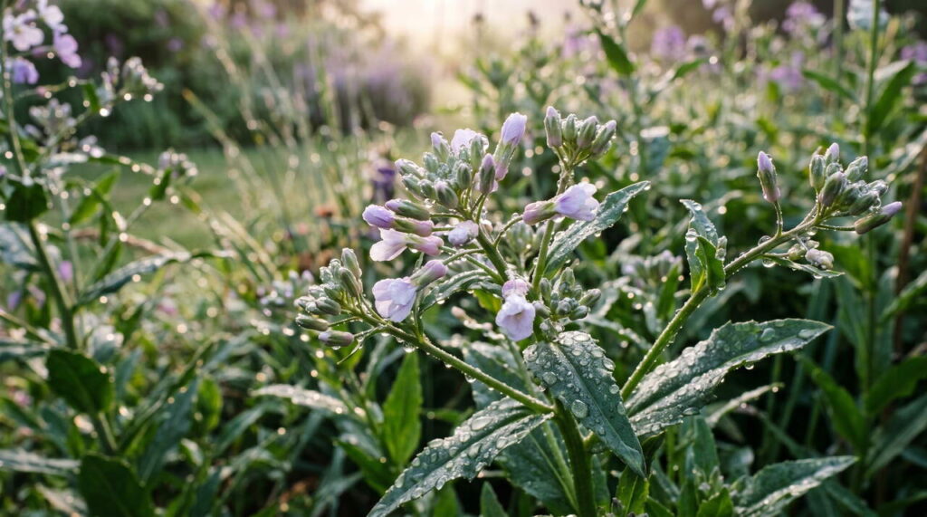 Bourgeons d'Hesperis matronalis avec rosée Bourgeons d'Hesperis matronalis