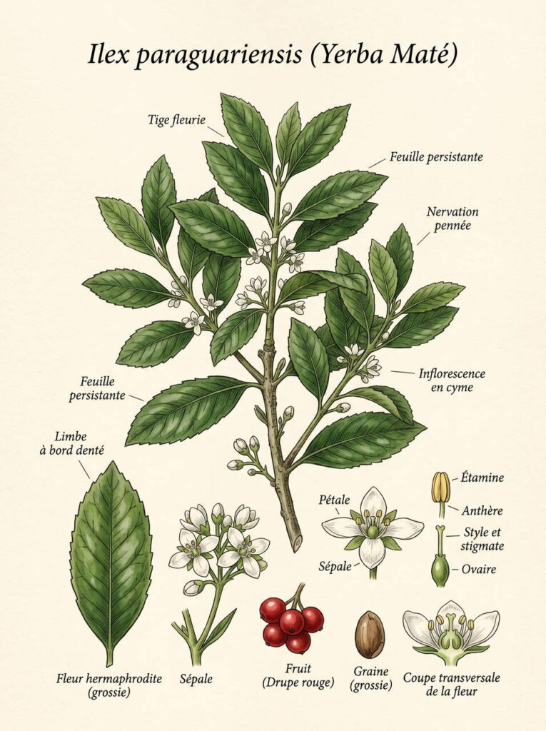 Illustration botanique d'Ilex paraguariensis Illustration botanique Ilex paraguariensis