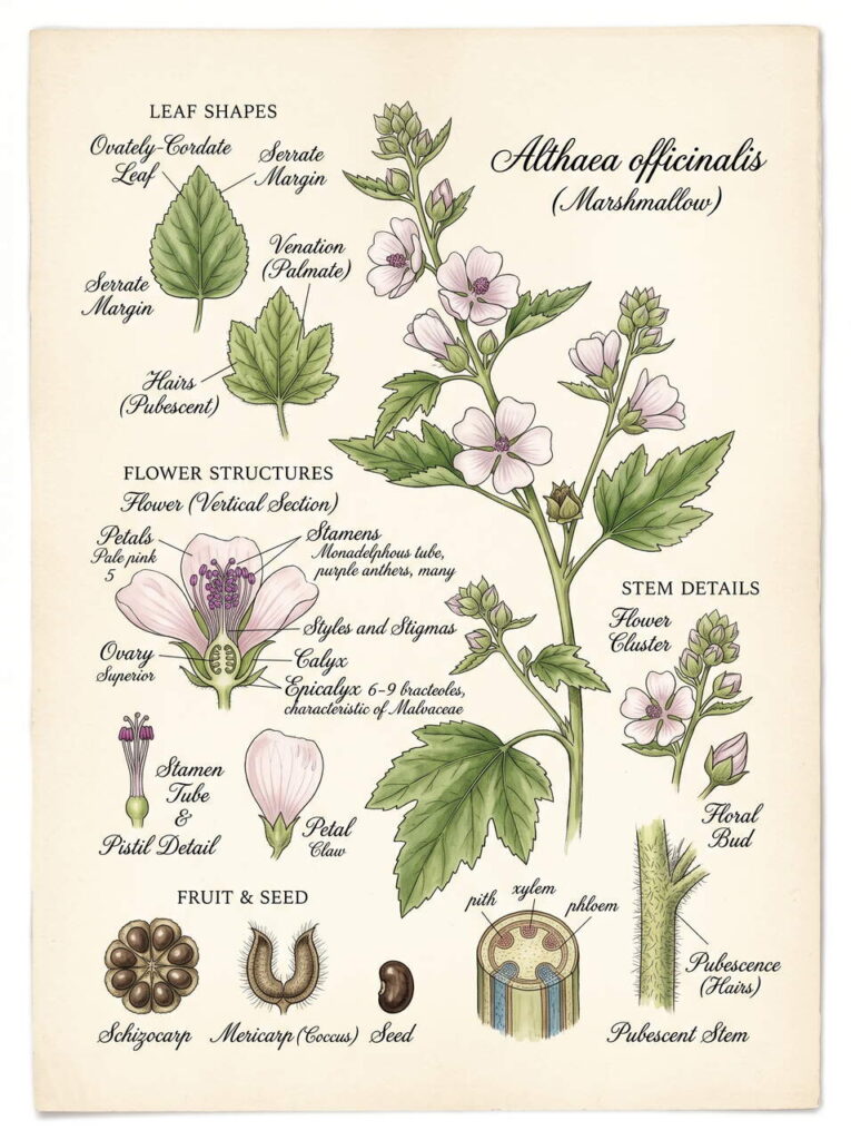 Illustration botanique d'Althaea officinalis Botanique Althaea officinalis