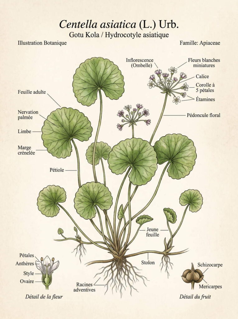Illustration botanique de centella asiatica Détails de centella asiatica