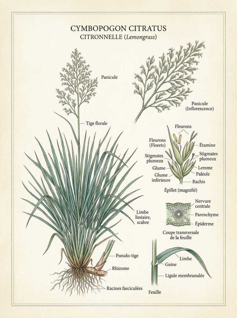 Illustration botanique de la citronnelle Détails botanique citronnelle