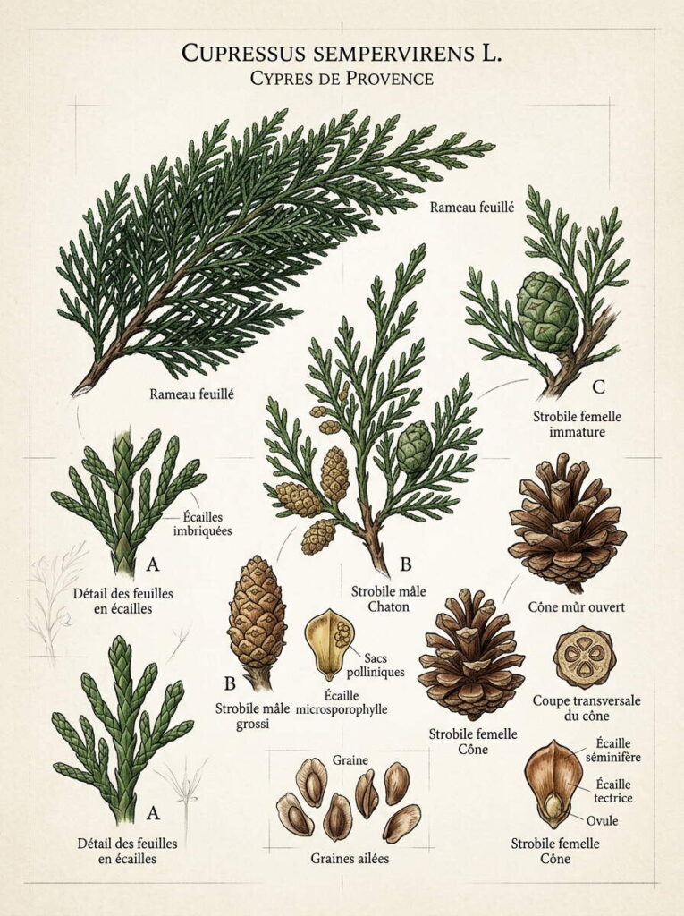 Illustration botanique de cupressus sempervirens Détails sur cupressus sempervirens