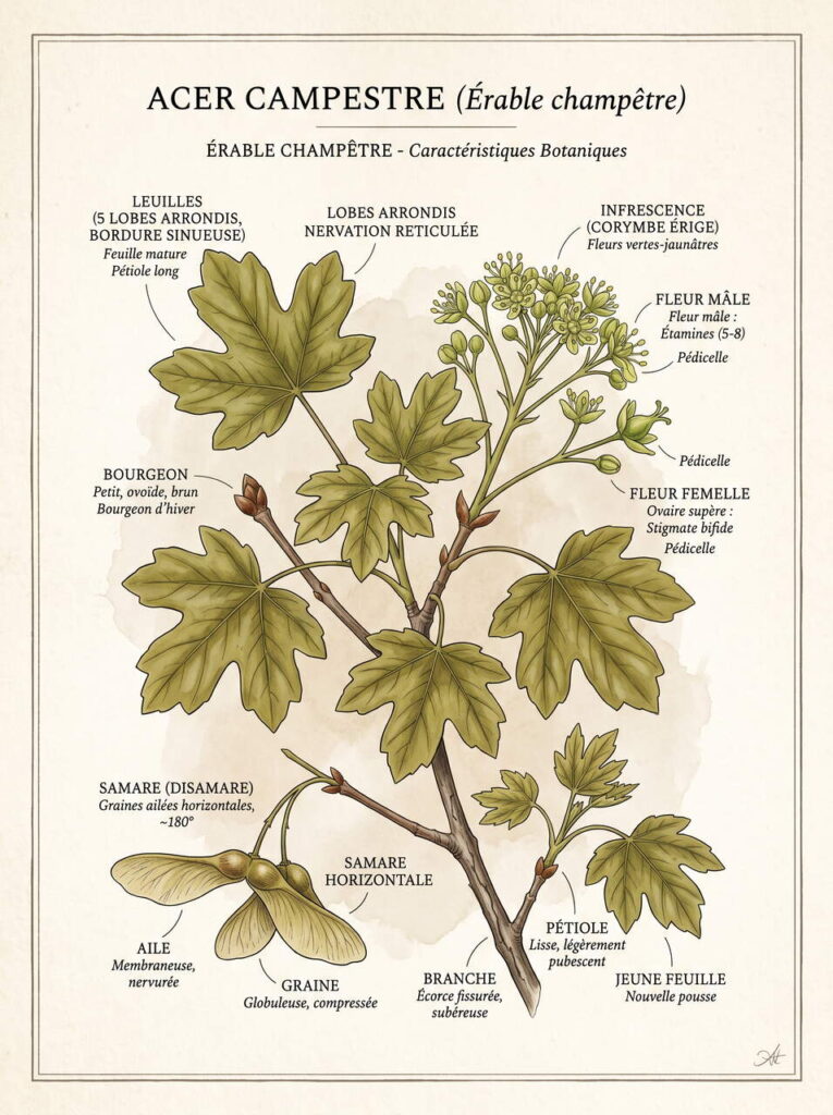 Illustration botanique d'érable campestre Acer campestre illustration détaillée