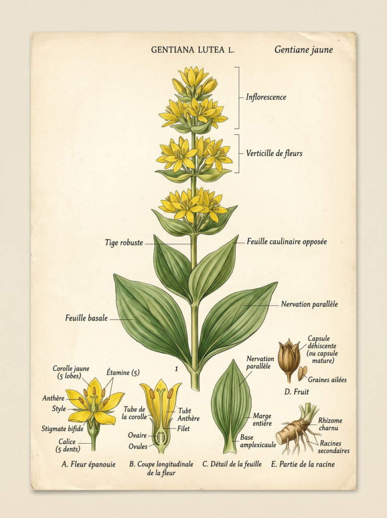 Illustration botanique de gentiane Gentiane lutea