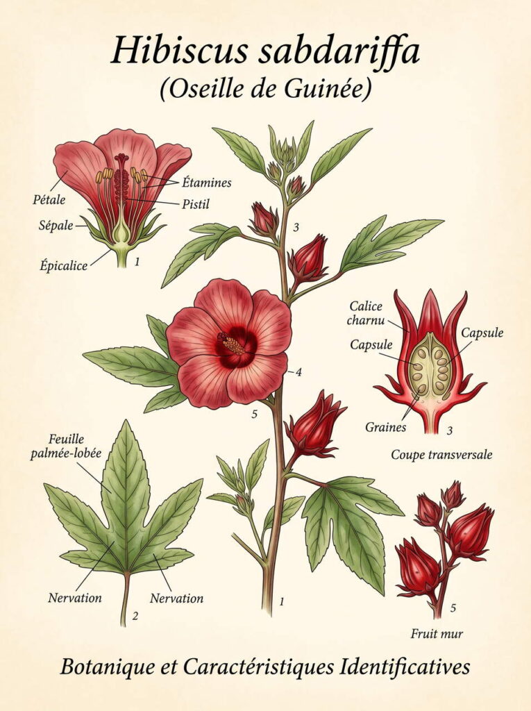 Illustration botanique d'hibiscus Hibiscus sabdariffa